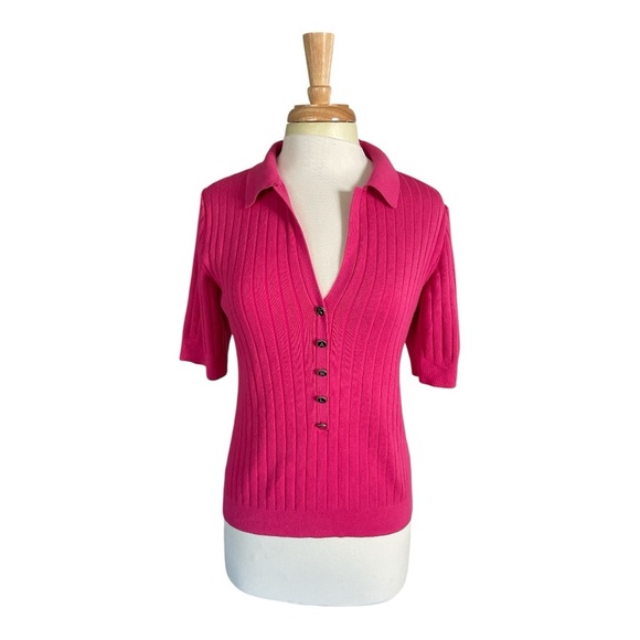 Karl Lagerfeld Paris Ribbed Button Front Collared Short Sleeve V-Neck Sweater - Picture 1 of 4